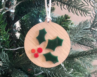 Holly Wood and Acrylic Christmas Tree Decoration