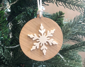 Snowflake Wood and Acrylic Christmas Tree Decoration