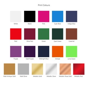 May include: A chart showing 18 different colors, including white, black, pink, cyan blue, indigo blue, red, wine red, green, dark green, caramel, purple, dark purple, midnight blue, orange, lime green, matt antique gold, matt silver, metallic gold, metallic silver, metallic rose gold, and metallic red.