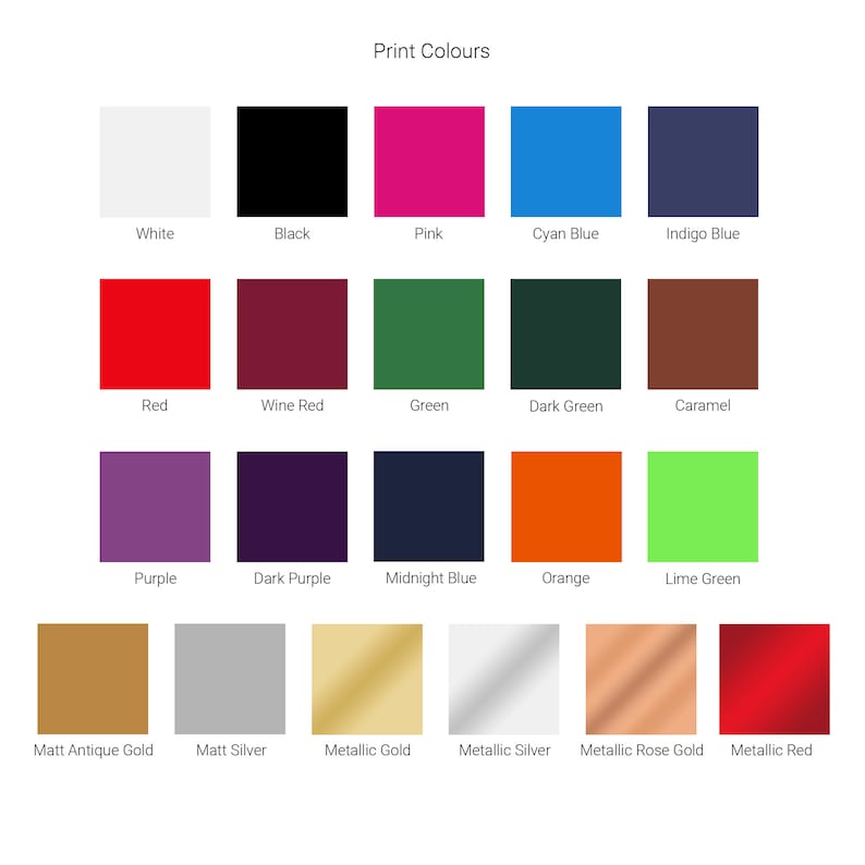 May include: A chart showing 18 different colors, including white, black, pink, cyan blue, indigo blue, red, wine red, green, dark green, caramel, purple, dark purple, midnight blue, orange, lime green, matt antique gold, matt silver, metallic gold, metallic silver, metallic rose gold, and metallic red.