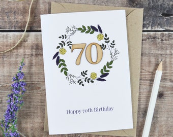 Floral 70th Birthday Wooden Illustrated Card