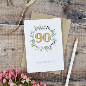 Florale illustrierte Holzkarte zum 90. Geburtstag