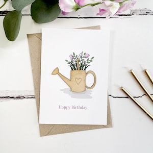 Alles Gute zum Geburtstag Blumen Gießkanne illustrierte Holzkarte