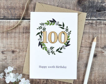 Floral 100th Birthday Wooden Illustrated Card