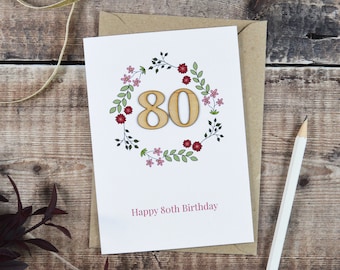 Floral 80th Birthday Wooden Illustrated Card