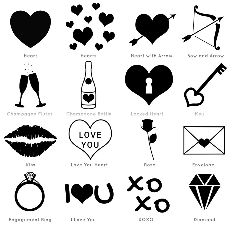 May include: A set of 16 black and white illustrations of Valentine's Day themed icons. The icons include a heart, hearts, heart with arrow, bow and arrow, champagne flutes, champagne bottle, locked heart, key, kiss, love you heart, rose, envelope, engagement ring, I love you, XOXO, and diamond.