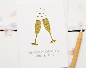 Personalised Champagne Flutes Glitter Wedding & Anniversary Cut Out Card