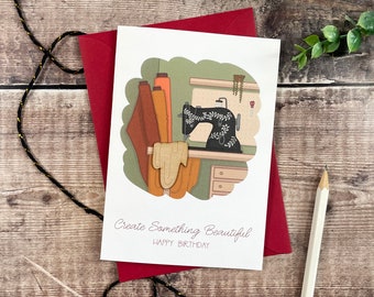 Happy Birthday Sewing Machine Wooden Illustrated Card