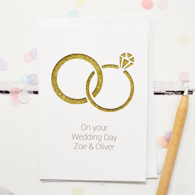 Personalised Wedding Rings Glitter Wedding & Anniversary Cut Out Card image 1