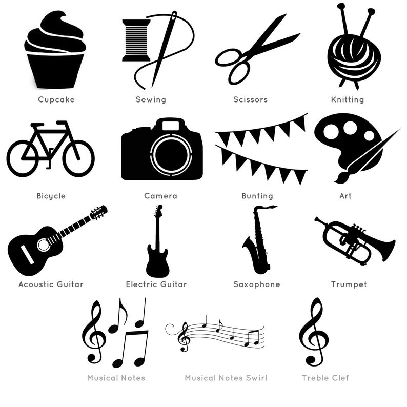 May include: Black and white illustrations of various hobbies and activities, including a cupcake, sewing, scissors, knitting, bicycle, camera, bunting, art, acoustic guitar, electric guitar, saxophone, trumpet, musical notes, musical notes swirl, and a treble clef.