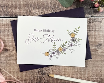 Happy Birthday Step-Mum Wooden Botanical Card