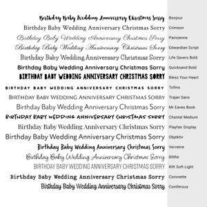 K&ouml;nnte beinhalten: Eine Schriftarten-Auswahltabelle, die die W&ouml;rter Birthday, Baby, Wedding, Anniversary, Christmas und Sorry in achtzehn verschiedenen schwarzen Schriftarten zeigt. Jede Zeile pr&auml;sentiert einen anderen Stil mit dem Namen rechts daneben.