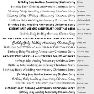 May include: A black text chart displaying the words Birthday, Baby, Wedding, Anniversary, Christmas, and Sorry in twenty distinct fonts. Each row features the same six words rendered in a unique typeface, with font names listed on the right side.