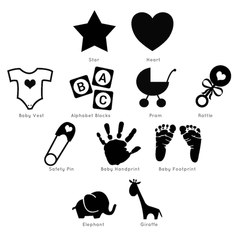 May include: A collection of black silhouettes featuring a star, heart, baby vest, alphabet blocks, pram, rattle, safety pin, handprint, footprints, elephant, and giraffe. Each icon is labeled with its corresponding name in black text below it.