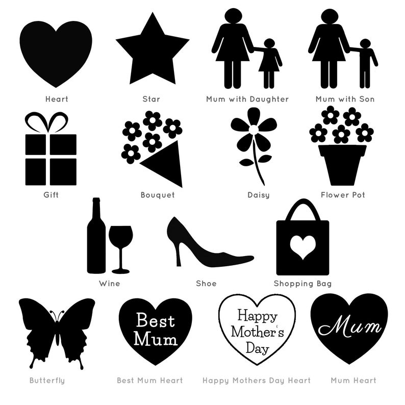 May include: Black and white illustrations of various Mother's Day gift ideas, including a heart, star, bouquet of flowers, wine bottle and glass, shoe, shopping bag, butterfly, and a gift box. The illustrations are labeled with the names of the items.