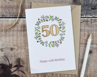 Floral 50th Birthday Wooden Illustrated Card