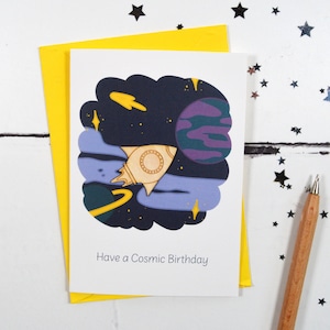 Kosmische Weltraum Rakete Geburtstag illustrierte Holzkarte