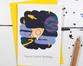 Have a Cosmic Birthday Space Rocket Wooden Illustrated Card