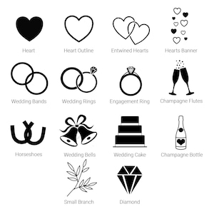 K&ouml;nnte beinhalten: Eine Sammlung schwarzer Symbole auf wei&szlig;em Hintergrund, darunter ein Herz, eine Herzkontur, verschlungene Herzen, ein Herzbanner, Eheringe, Hochzeitsringe, ein Verlobungsring, Champagnerfl&ouml;ten, Hufeisen, Hochzeitsglocken, eine Hochzeitstorte, eine Champagnerflasche, ein kleiner Zweig und ein Diamant.
