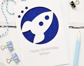 Personalised Rocket Birthday Glitter Cut Out Card