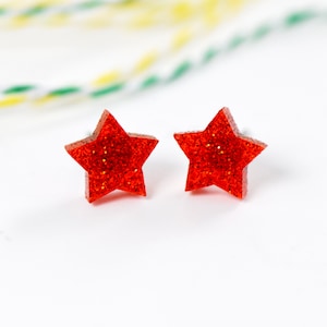 Red Glitter Star Acrylic Stud Earrings