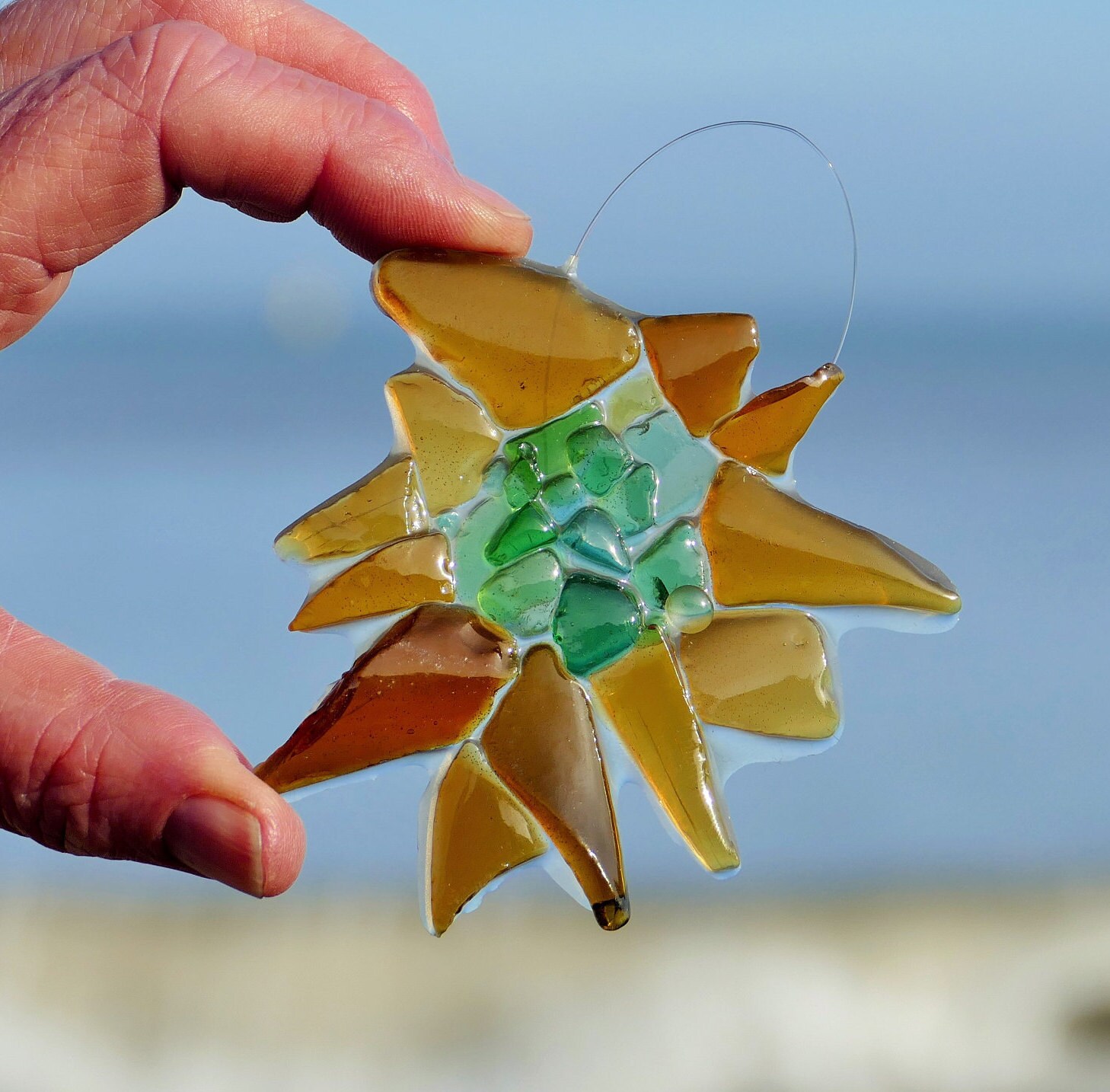 Seeglas Vogel Bild Im Holzrahmen - Handgefertigte Wanddekoration 16,5x11,5cm