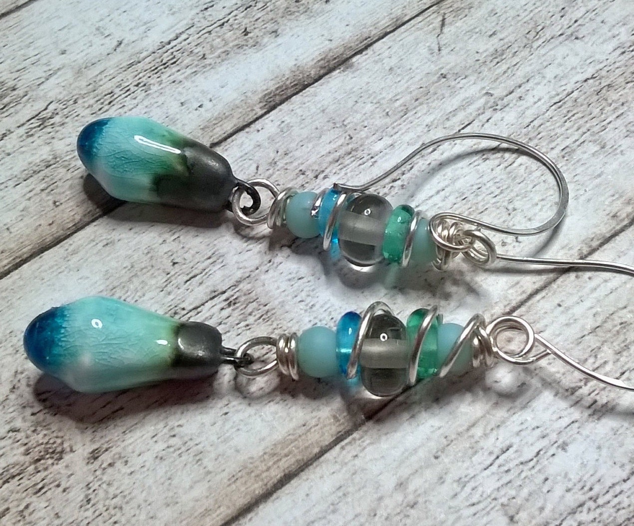 Long blue earrings silver ceramic earrings lampwork glass | Etsy