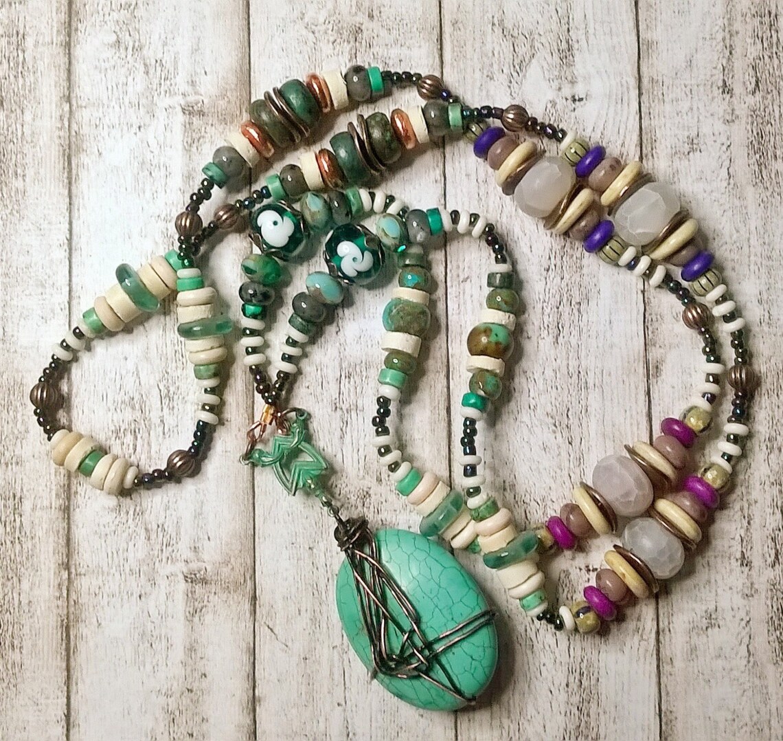 Long boho necklace colorful turquoise gemstone necklace Etsy