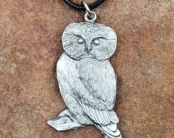 Owl Necklace, Owl Pendant, Pewter Owl Pendant, Owl Figurine, Bird Brooch, Bird Jewelry, Metal Bird Sculpture