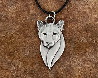 Cougar Pendant Necklace | Mountain Lion Jewelry | Cat Pendant in Pewter | Unique Animal Charm for Nature Lovers, Pewter Animal Pendant