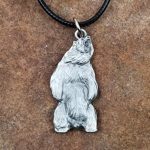 May include: A silver bear pendant necklace with a black cord. The bear is standing on its hind legs and has its mouth open in a roar.