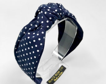 Navy polka dot knotted headband, navy and white headband, navy polka dot knotted headband, navy and white polkadot headband, wedding guest