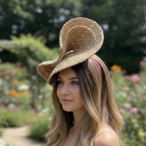 May include: A woven straw hat with a unique, sculptural design. The hat is a light tan color and features a curved, layered shape. A thin pink headband secures the hat. The background is a garden with green foliage and colorful flowers.