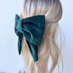 Dark green velvet hair bow, wedding guest hair accessories, Large hair bow clip, large velvet bow hair clip, large long tailed hair bow