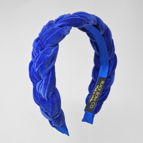Cobalt Blue velvet headband, blue fascinator hairband, blue fascinator, blue wedding headband, blue velvet plaited headband, blue aliceband