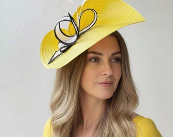Yellow Fascinator Hatinator For Mother Of The Bride Black and White Wedding Guest Races Headpiece Yellow Ascot Ladies Day Hatinator