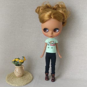 Mint fairy & strawberry shirt for Blythe, Cute cartoon embroidery doll clothes, Fun outfit for Blythe
