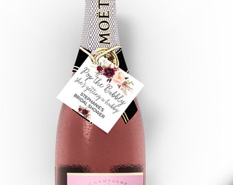 pop the bubbly she's getting a hubby tags, marsala bridal shower, bridal shower favor tags, pop the bubbly tags, hens party wine tags