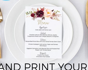 Wedding menu template, Menu Template, Editable Wedding Menu, marsala wedding menus, DIY Wedding menu, Printable Wedding Menu, Menu template