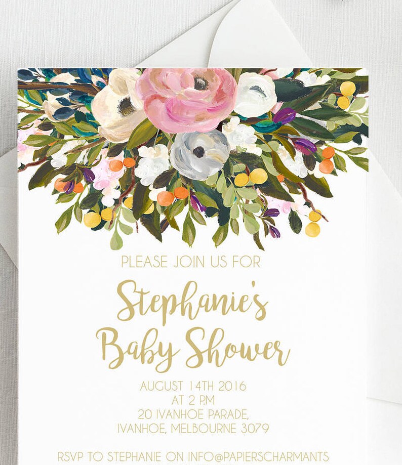 Baby shower invitations, baby shower invite, gold baby shower floral baby shower blue baby shower, unisex baby shower, gender neutral shower image 5