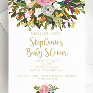 Baby shower invitations, baby shower invite, gold baby shower floral baby shower blue baby shower, unisex baby shower, gender neutral shower image 2