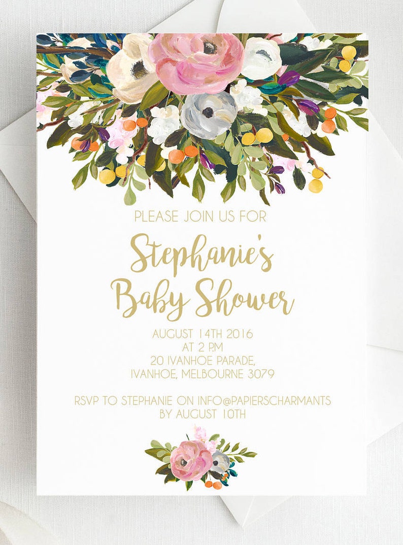 Baby shower invitations, baby shower invite, gold baby shower floral baby shower blue baby shower, unisex baby shower, gender neutral shower image 2
