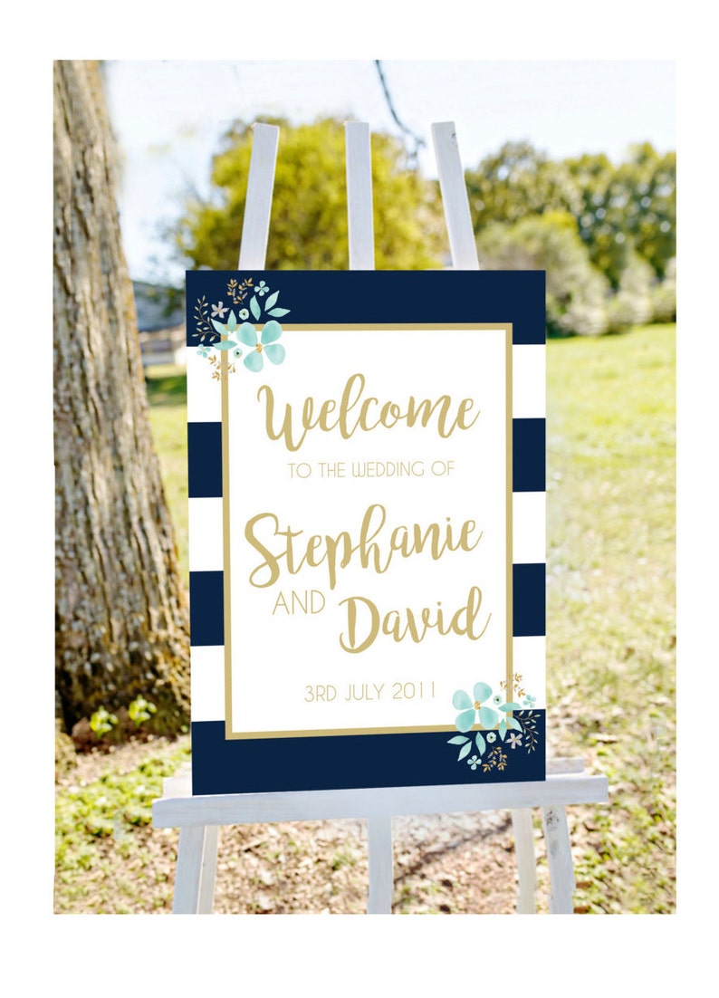 Welcome wedding sign, mint and gold wedding sign, custom Wedding Sign, Striped Wedding Sign, Nautical Wedding Sign personalized wedding sign image 1