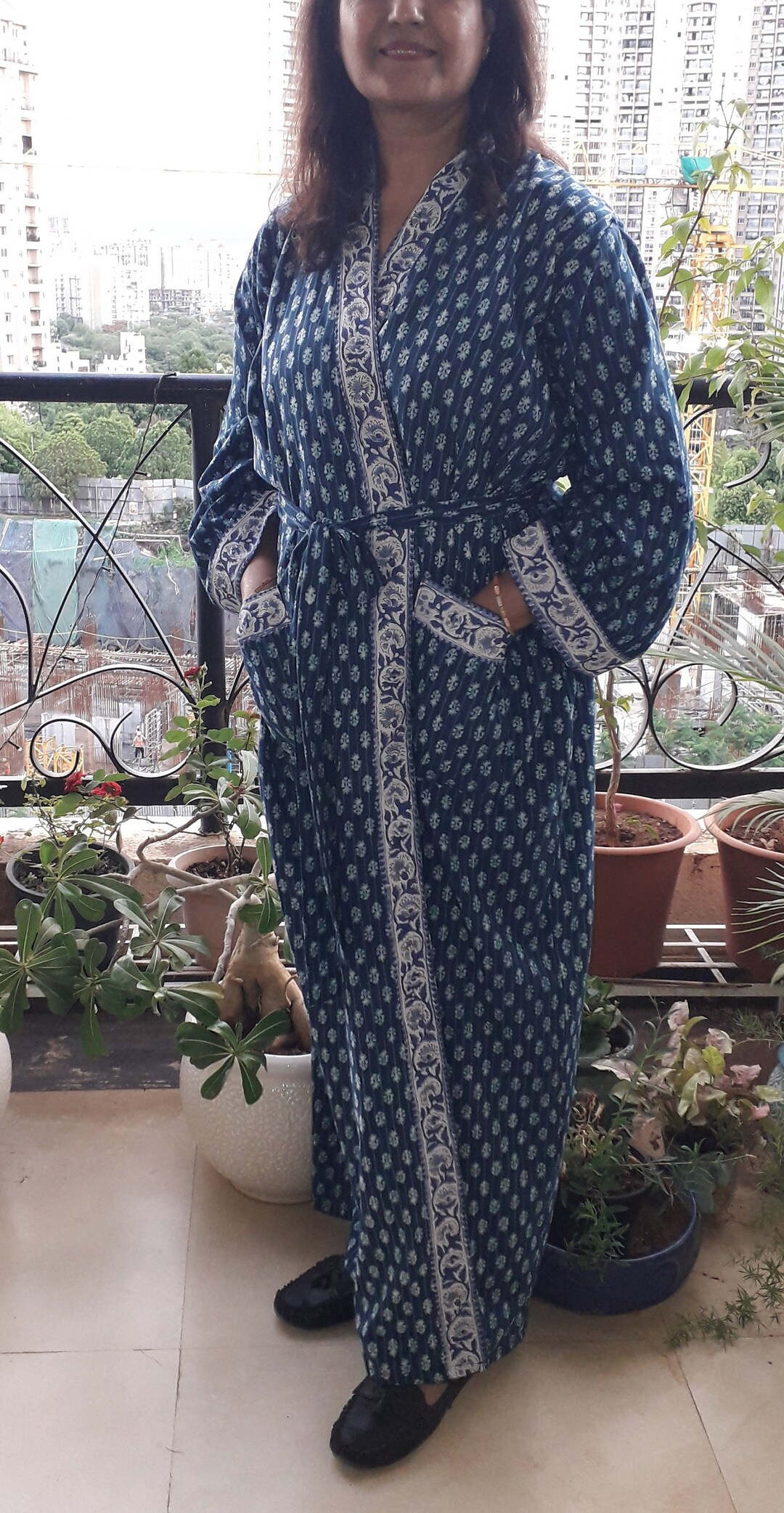 Indigo Robe Block Printed Cotton Indian Indigo Print Robe,long Plus Size Maternity ...