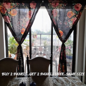 Black Cotton Vintage Style Cottage Floral Curtains, Customized Long Curtains, Summer Cotton Curtains, Printed Door Window Light Drapes