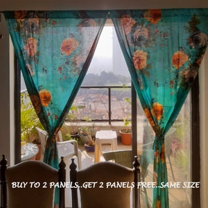 Cotton Cottage Curtains,Teal Summer Floral Curtains, Customized Curtain Panels, Floral Curtain With Tie backs, Printed Door And Window Drape