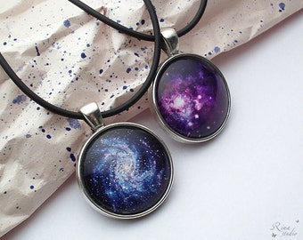 Blue Purple Galaxy Necklace, Solar System Pendant, Mother's Day Space jewelry, Nebula Universe Black Cord Necklace, Cosmic Gift for Cousin