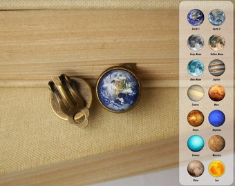 Earth Clip On Earrings, Space Jewelry, Planet Non Pierced Earrings