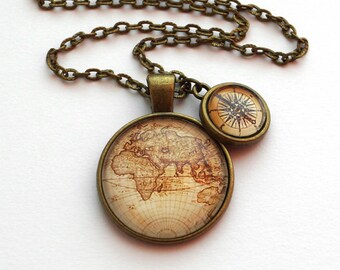 Vintage Map with Compass Necklace, Antique World Map Jewelry, Old Map and Compass Charm, Early world maps, Travel Gift, Ancient Sea Voyages