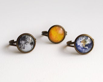 Sun and Moon, Earth Rings, 3 Adjustable Planet Ring, Sun Earth & Moon jewelry, Universe Galaxy Cosmic Solar System Ring Women's Gift Jewelry